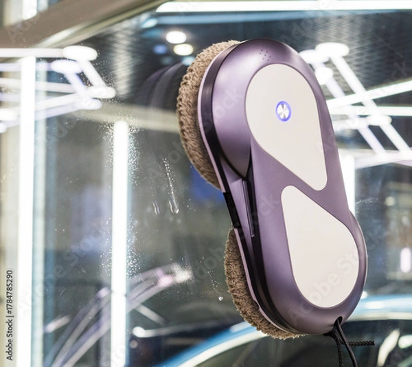 Obraz Automated window cleaning robot on a large glass pane in a bright modern apartment. Automatic window cleaning robot washing glass in high-rise building, providing convenience, efficiency for home. 