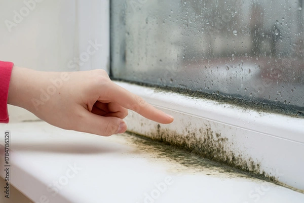Fototapeta Pointing At Mold Growing On Window Sill
