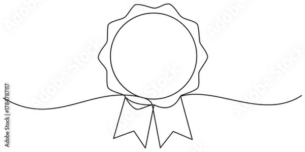 Fototapeta Medal with ribbons in one line art style. Medal drawing with editable black stroke on transparent background. Vector illustration.