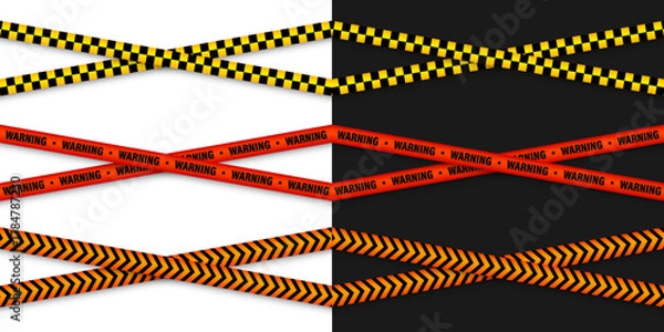 Fototapeta Barricade construction tape. Colorful police warning line, brightly colored danger or hazard stripe, ribbon. Restricted area, zone. Attention symbol. Vector illustration.