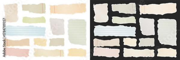 Fototapeta Ripped paper strips. Realistic crumpled paper scraps with torn edges. Shreds of notebook, book or old newspaper pages. Trendy collage elements. Vector illustration.