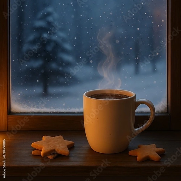 Fototapeta 雪の窓辺のホットチョコレート｜Hot Chocolate by the Snowy Window