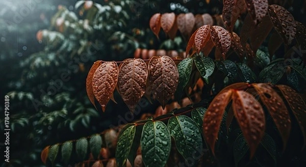 Obraz Mysterious red and green leaves in a dark moody forest.