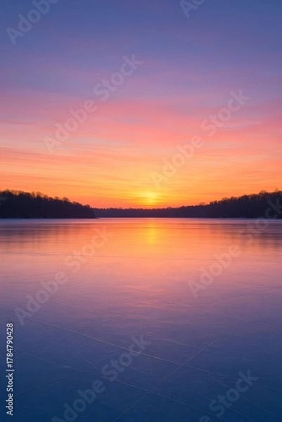 Fototapeta 氷の湖に映る夕焼け｜Sunset Reflection on Frozen Lake