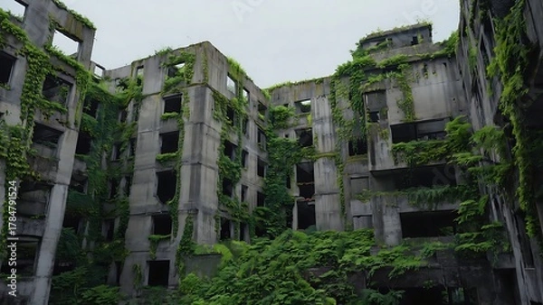 Fototapeta Overgrown abandoned building with plants and vines covering the walls, creating a haunting and eerie atmosphere of decay and neglect