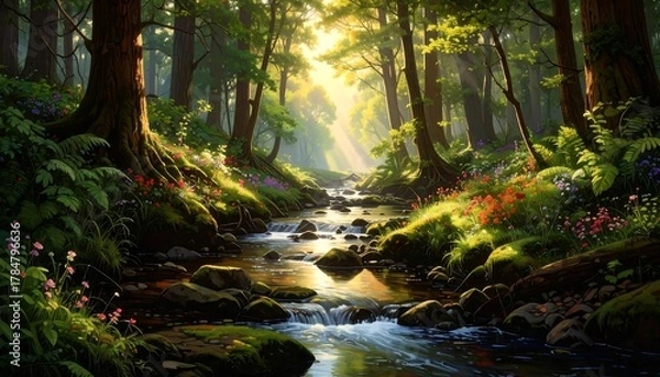 Obraz Idyllic Forest Scene with a Stream: Nature's Serene Beauty Depicted in Art