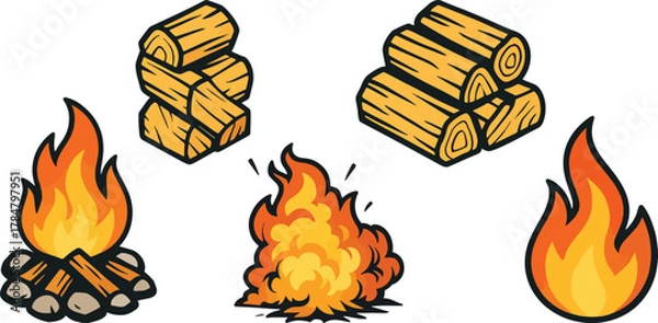 Fototapeta Campfire flames and stacked firewood logs vector illustration set for camping and outdoor design
