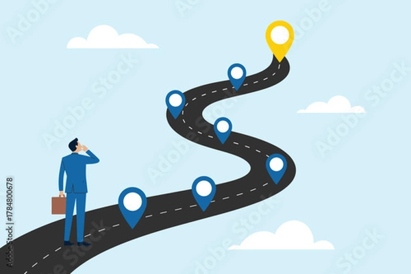 Obraz Businessman Roadmap to Success Vector Illustration Concept. Career Path and Goal Achievement Journey Vector Design.