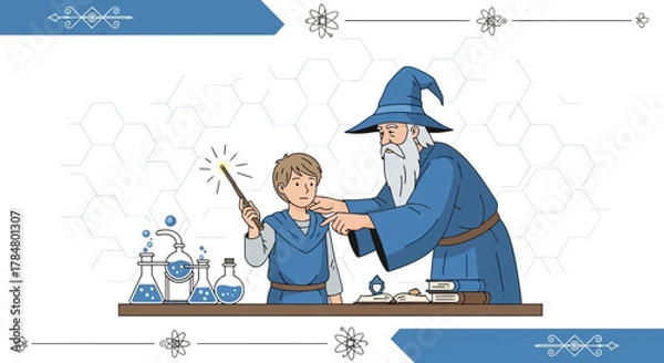 Fototapeta Wizard teaching young apprentice magic, science, education, learning, and knowledge concept