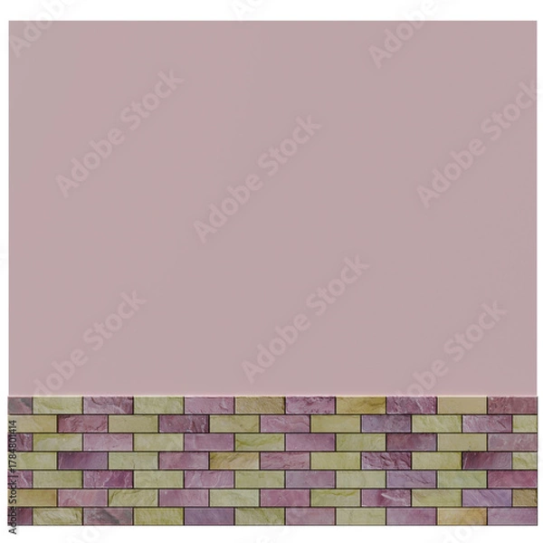 Fototapeta Clean 3D rendered brick wall in pastel pink yellow and purple tones. background, or design element in creative projects.