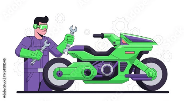 Fototapeta Cartoon mechanic repairing futuristic motorcycle with wrenches in a service environment