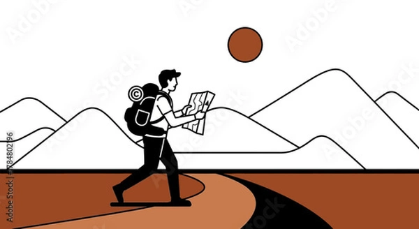 Fototapeta Illustration of a traveler with a backpack navigating a mountain landscape with a map