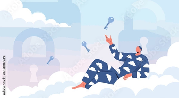 Fototapeta Man in cloud pajamas catching keys representing cloud data security and access control