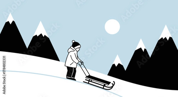 Fototapeta Minimalist illustration of a child pulling a sled uphill on a snowy winter day mountain backdrop