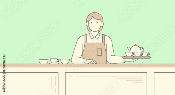 Fototapeta Minimalist illustration of a server holding a tea set in a serene pastel setting offering a moment