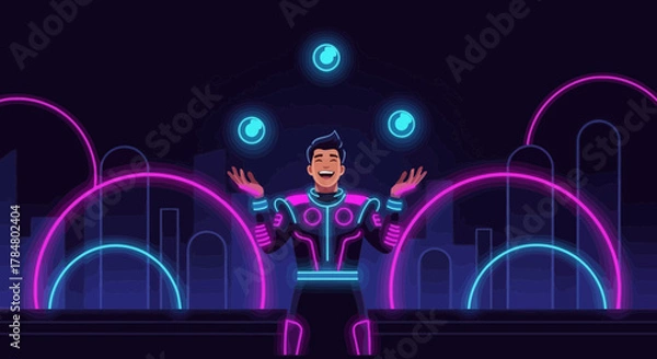 Fototapeta Neon Juggler with Futuristic Outfit and Glowing Balls on Dark Abstract Background