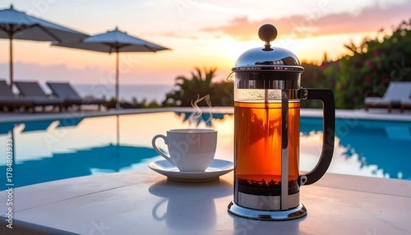 Obraz Relaxing tea by the pool at sunset, a serene moment of calm