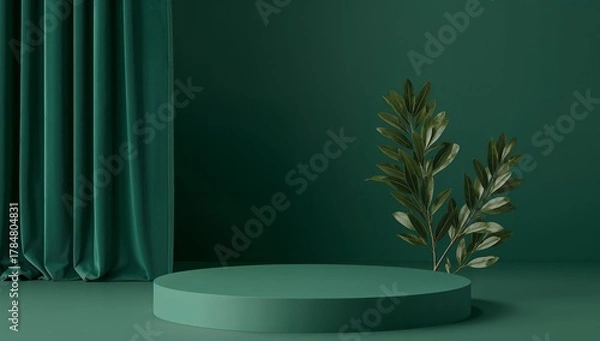 Obraz Emerald Still Life with Fabric Drape and Botanical Accent for Product Presentation.