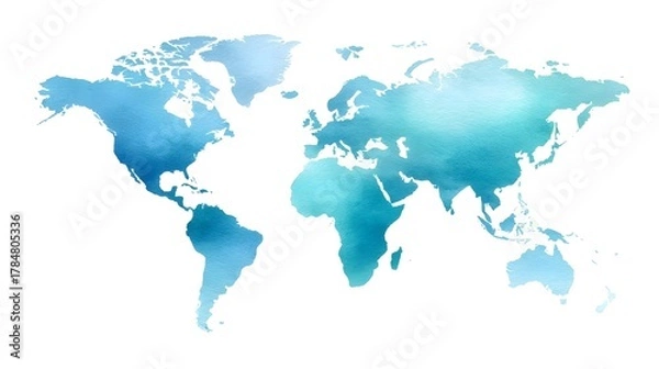 Obraz A beautiful and creative watercolor depiction of the Earth s continents rendered with soft blue and turquoise brushstrokes on a clean white background