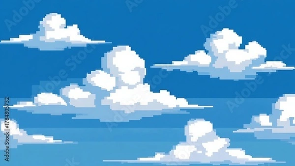 Fototapeta Pixel art sky with fluffy white clouds creating a nostalgic and whimsical background for games or digital artwork