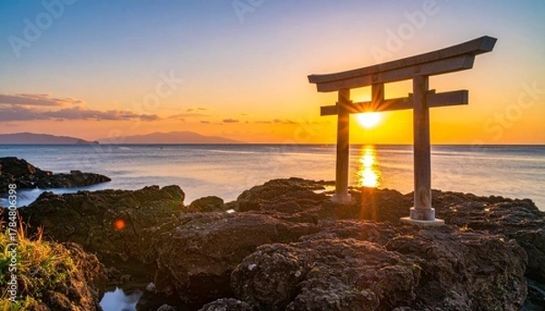 Fototapeta 神社の鳥居と新年の初日の出