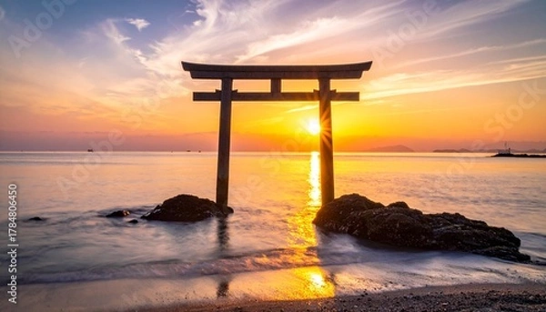 Obraz 神社の鳥居と新年の初日の出