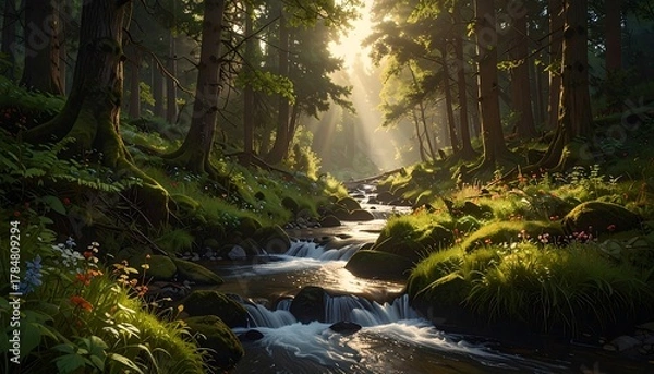 Obraz Stunning Forest Scene with River, Sunlight, and Lush Vegetation Creating Serene Nature