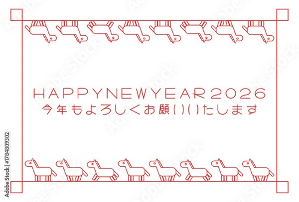 Fototapeta 2026年午年年賀状 赤い線画の馬模様フレーム