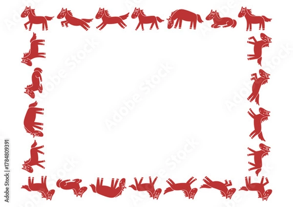 Obraz 赤色の馬模様のフレームイラスト いろいろなポーズの馬
