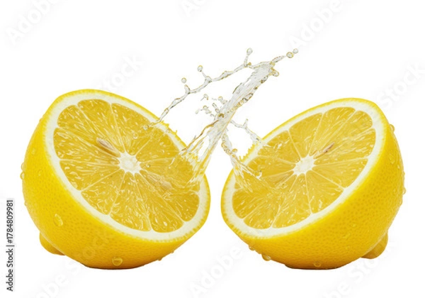 Fototapeta macro closeup of two vibrant yellow lemon halves with glistening pulp, capturing a frozen, explosive juice splash against a transparent studio background. concept for beverage advertising