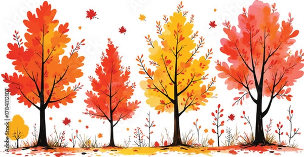Fototapeta Autumnal array of watercolor trees shedding colorful leaves on white backdrop