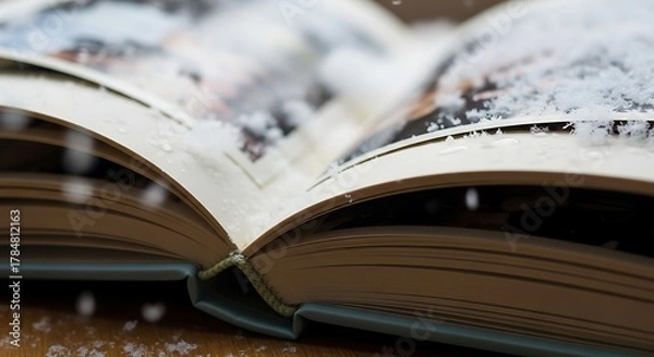 Fototapeta Open book with blurred images and visible pages.