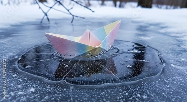 Fototapeta Paper boat on cracked ice in winter wonderland, a symbol of fragility.
