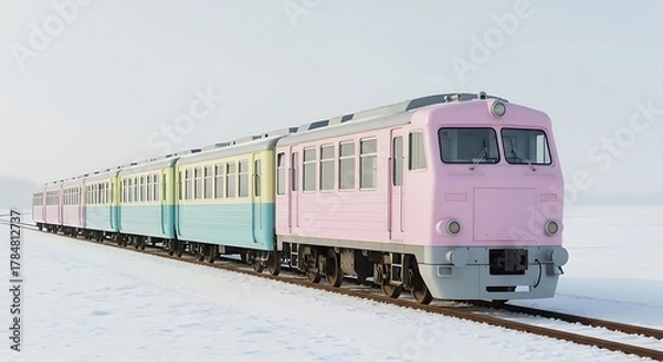 Fototapeta Pastel Train Journey - A Colorful Locomotive in a Snowy Landscape.