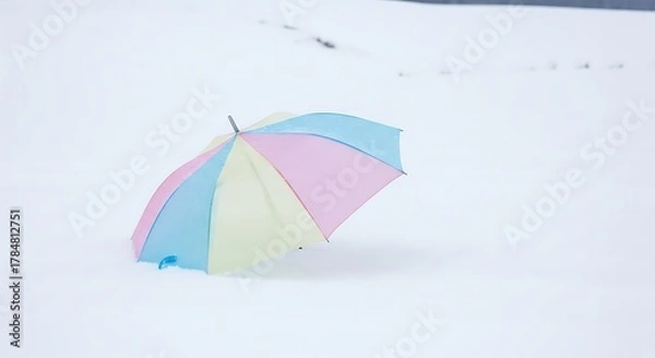 Fototapeta Pastel Umbrella in a Snowy Landscape - A Pop of Color.