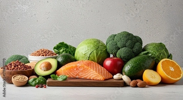 Fototapeta A vibrant collection of fresh, wholesome foods, showcasing nature's bounty for optimal health and well-being, promoting a balanced diet ,vibrant ,produce ,vegetable