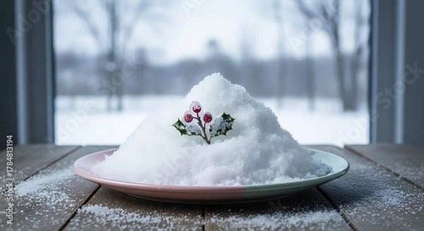 Obraz Snowy Delight - A Winter Dessert with Holly Berries.
