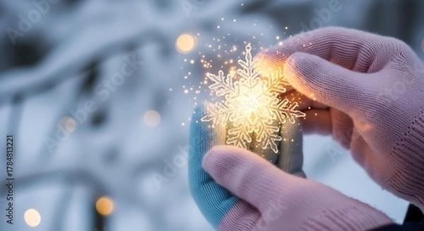 Fototapeta Sparkling Winter Magic - Hands Holding a Sparkler in Snowy Landscape.