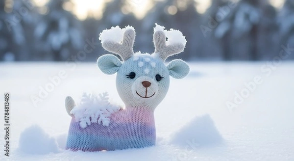 Fototapeta Whimsical Winter Wonderland - A Plush Reindeer in the Snow.