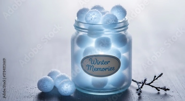 Fototapeta Winter Memories Jar - A Nostalgic Display of Snowballs and Twigs.