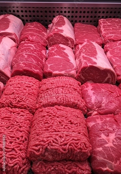Obraz A vibrant display of various raw beef cuts, including steaks, roasts, and ground beef, neatly arranged in a chilled market counter ,grocery ,neatly ,fresh