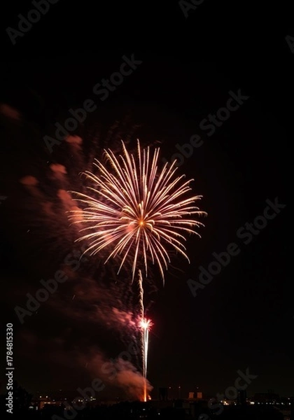 Obraz A vibrant firecracker firework bursts brightly against a dark sky, showering colorful sparks and smoke, signaling a joyful celebration ,smoke ,blue ,dangerous