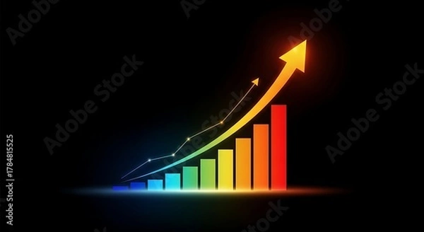 Fototapeta Stunning upward trending bar graph with vibrant rainbow colors and a dynamic golden arrow signifies financial growth and success