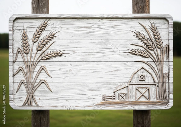 Fototapeta A blank antique market sign carved from wood with a classic white distressed finish, featuring wheat sheaves and a rustic farm barn