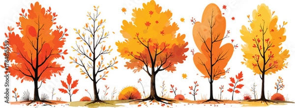 Fototapeta Colorful autumn trees in a row with vibrant falling leaves illustration
