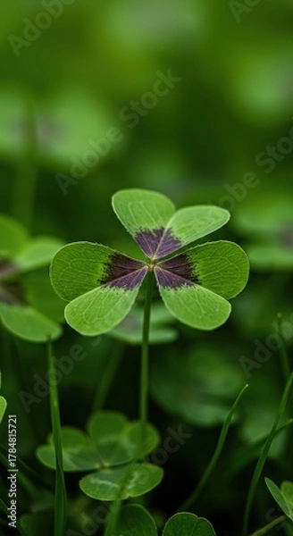 Fototapeta A vibrant four-leaf clover stands out in a lush green field, a powerful symbol of good fortune, hope, and prosperity in a natural setting ,wild ,serendipity ,prosperity