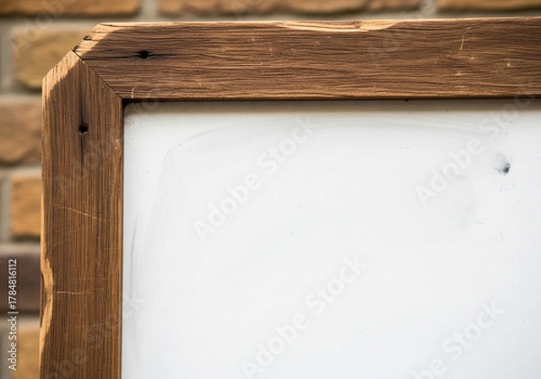Fototapeta Rustic wooden frame with a blank white surface, showcasing natural textures and craftsmanship, ready for personalized messages or artistic expressions in a charming, traditional setting