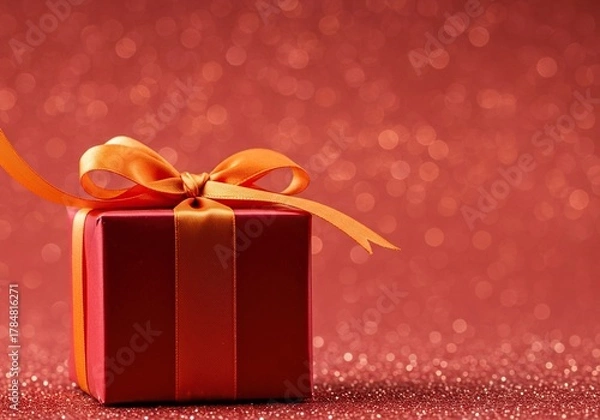 Fototapeta A vibrant gift box, exquisitely wrapped with a decorative bow, set against a festive and sparkling background, symbolizing joy and special occasions ,delight ,wrapping ,achievement