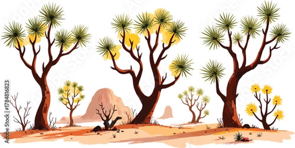 Fototapeta Desert landscape with Joshua trees and arid environment illustration graphic