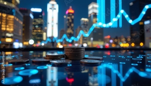 Fototapeta Cinematic night scene featuring coins and financial growth urban cityscape digital environment high-contrast viewpoint